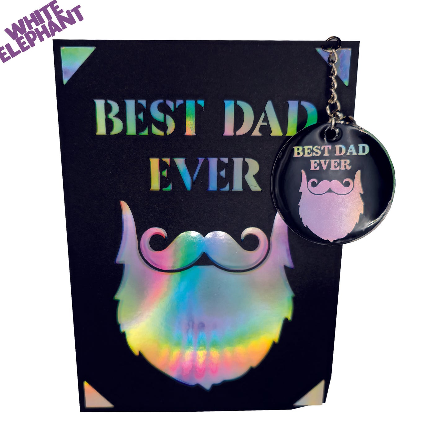 Best Dad Ever Beard Handmade Rainbow Mirror Card & Vinyl Resin Keyring Fathers Day