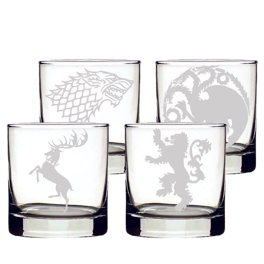 Game of Thrones 4 Glass  Inspired Laser Etched Whiskey / High-Ball / Pint / Tankard Gift Set