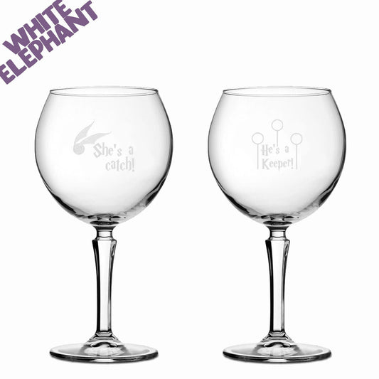 Laser Etched Large HP Inspired He's a Keeper, Shes a Catch 2 Gin Glass Gift Set