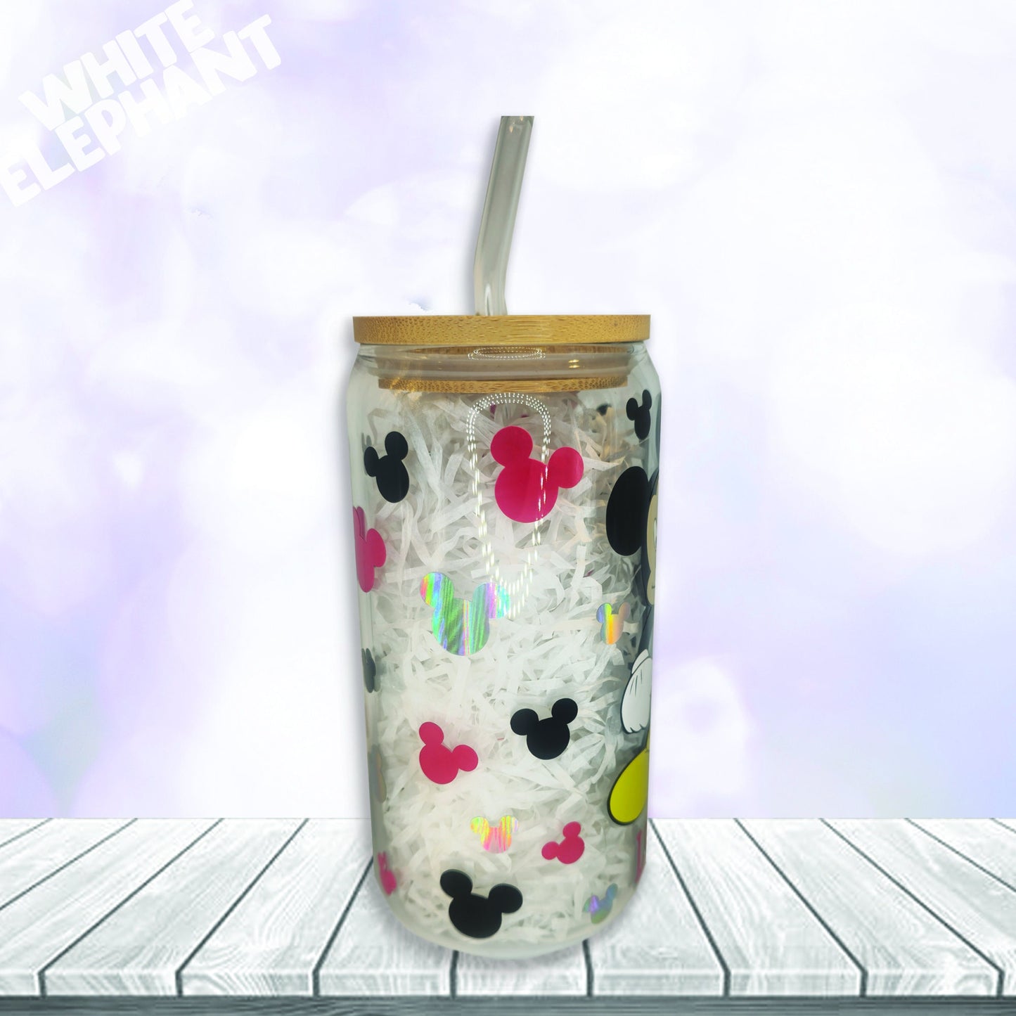 Personalised Disney Minnie and Mickey Mouse Inspired 16oz Reusable Glass Cup, Bamboo Lid & Glass Straw Set