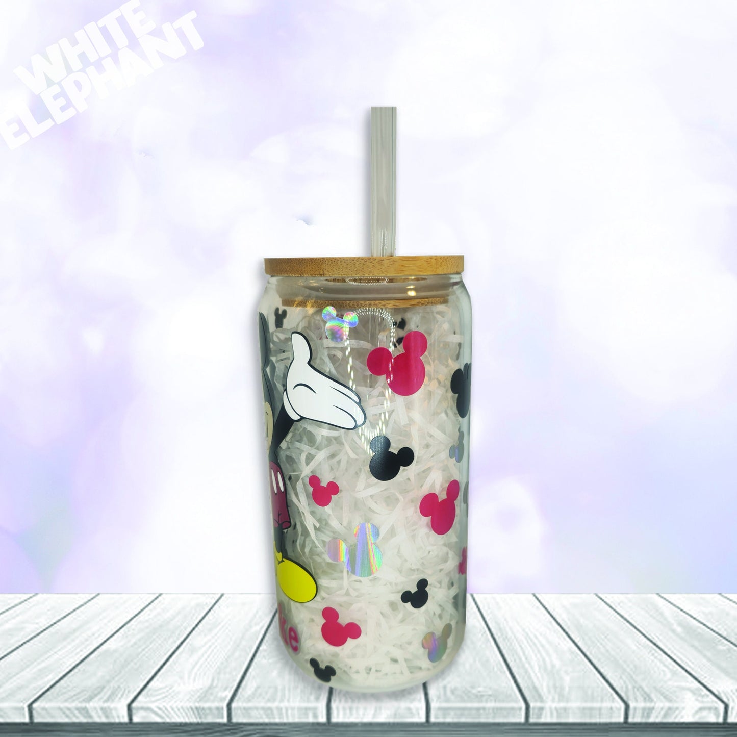 Personalised Disney Minnie and Mickey Mouse Inspired 16oz Reusable Glass Cup, Bamboo Lid & Glass Straw Set