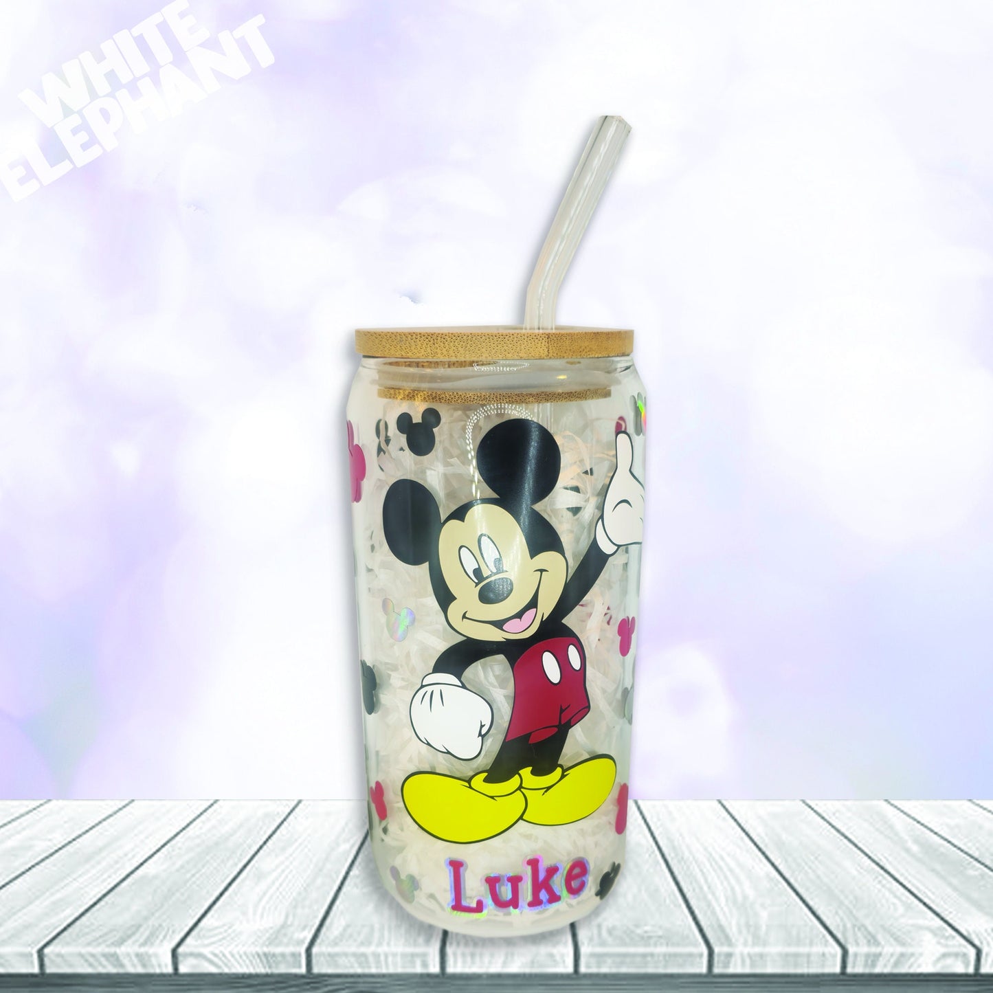 Personalised Disney Minnie and Mickey Mouse Inspired 16oz Reusable Glass Cup, Bamboo Lid & Glass Straw Set