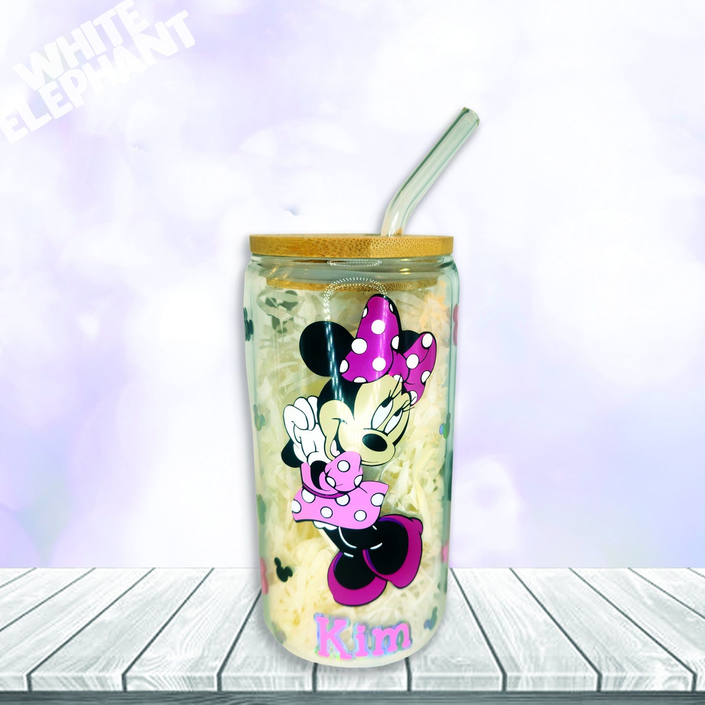 Personalised Disney Minnie Mouse Inspired 16oz Reusable Glass Cup, Bamboo Lid & Glass Straw