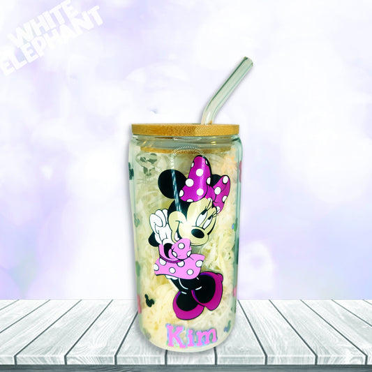 Personalised Disney Minnie Mouse Inspired 16oz Reusable Glass Cup, Bamboo Lid & Glass Straw