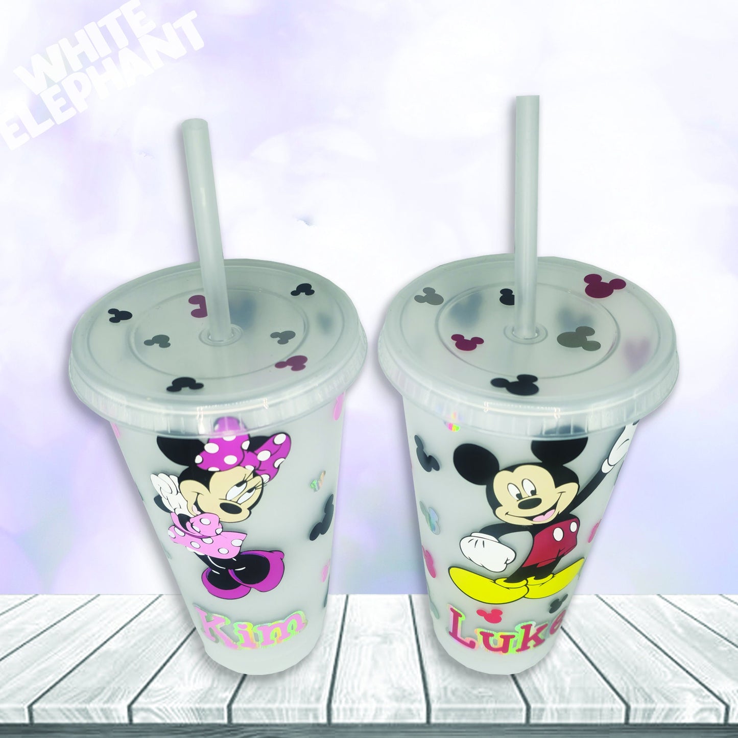 Personalised Disney Minnie and Mickey Mouse Inspired 24oz Reusable Plastic Tumbler Cup & Straw Set