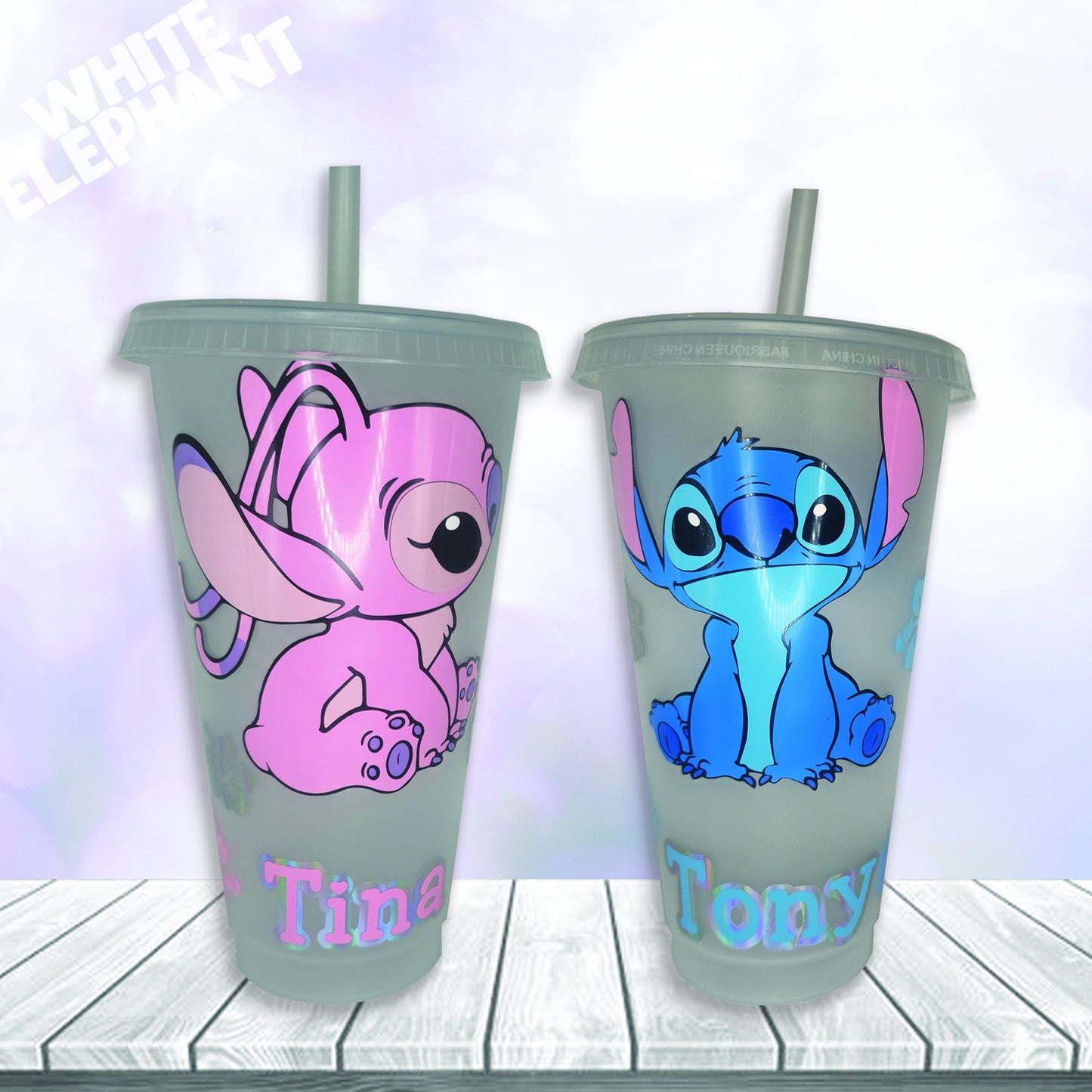 Personalised Disney Stitch and Angel Inspired 24oz Reusable Plastic Tumbler Cup & Straw Set