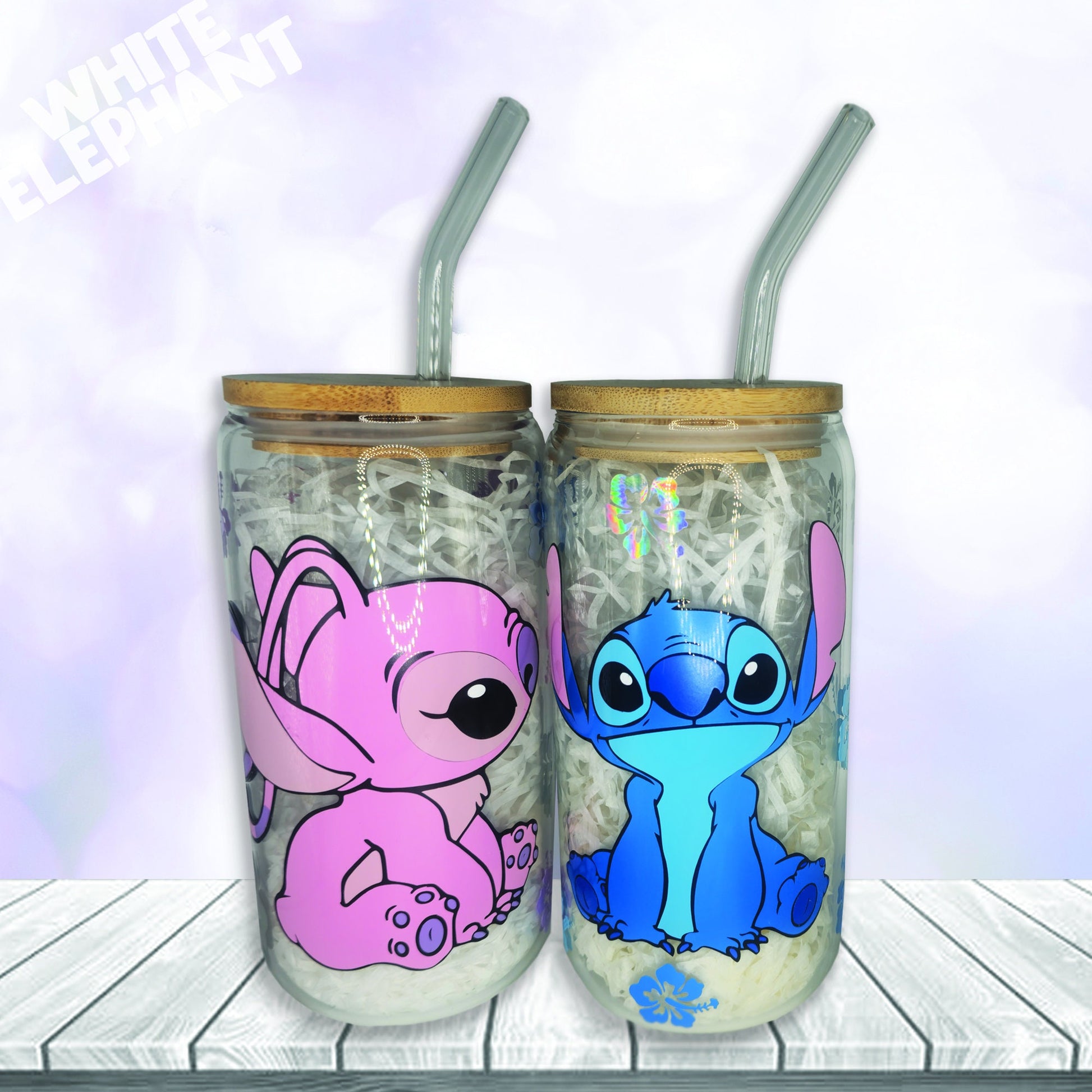 Disney Stitch and Angel Inspired 16oz Reusable Glass Cup