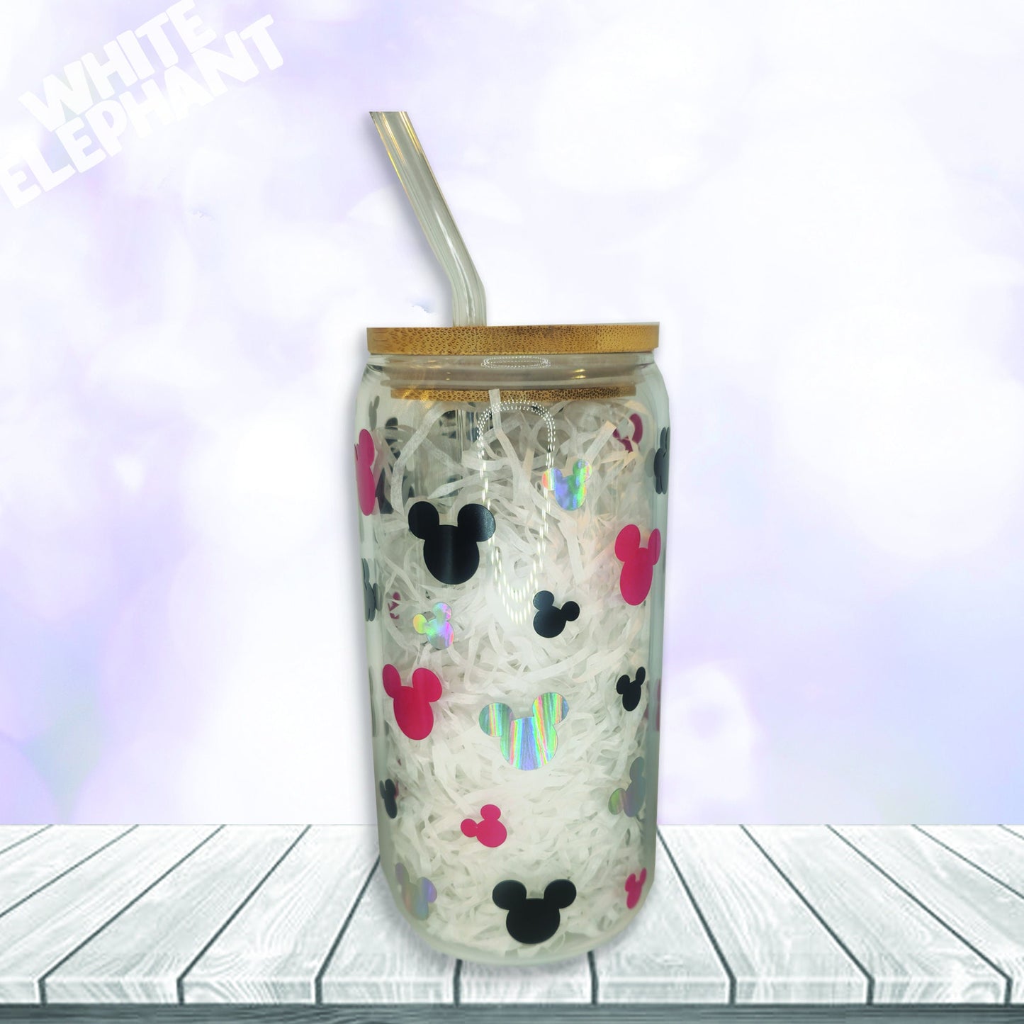 Personalised Disney Minnie and Mickey Mouse Inspired 16oz Reusable Glass Cup, Bamboo Lid & Glass Straw Set