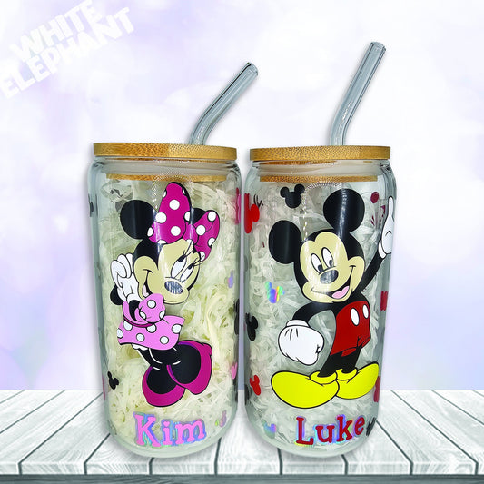 Personalised Disney Minnie and Mickey Mouse Inspired 16oz Reusable Glass Cup, Bamboo Lid & Glass Straw Set