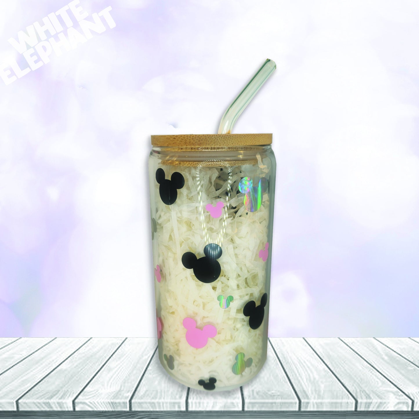 Personalised Disney Minnie Mouse Inspired 16oz Reusable Glass Cup, Bamboo Lid & Glass Straw