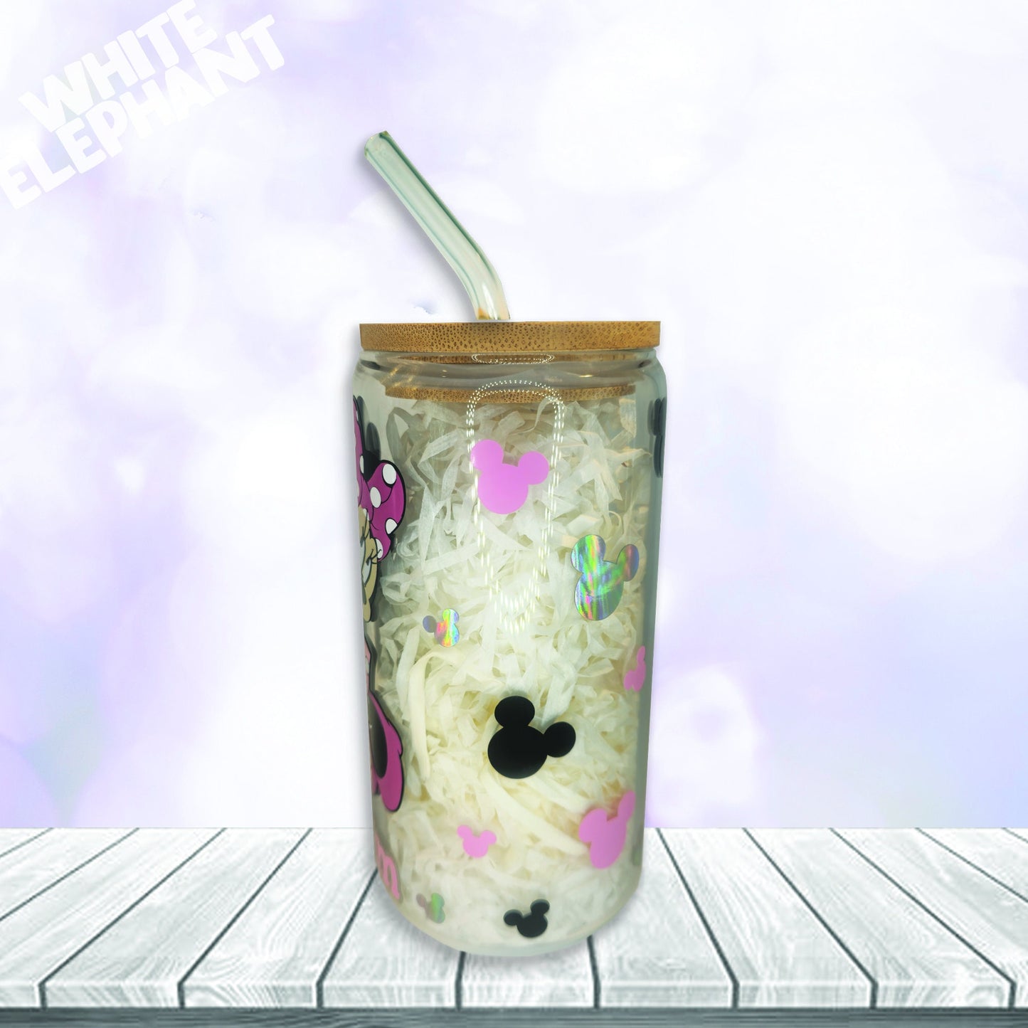 Personalised Disney Minnie Mouse Inspired 16oz Reusable Glass Cup, Bamboo Lid & Glass Straw