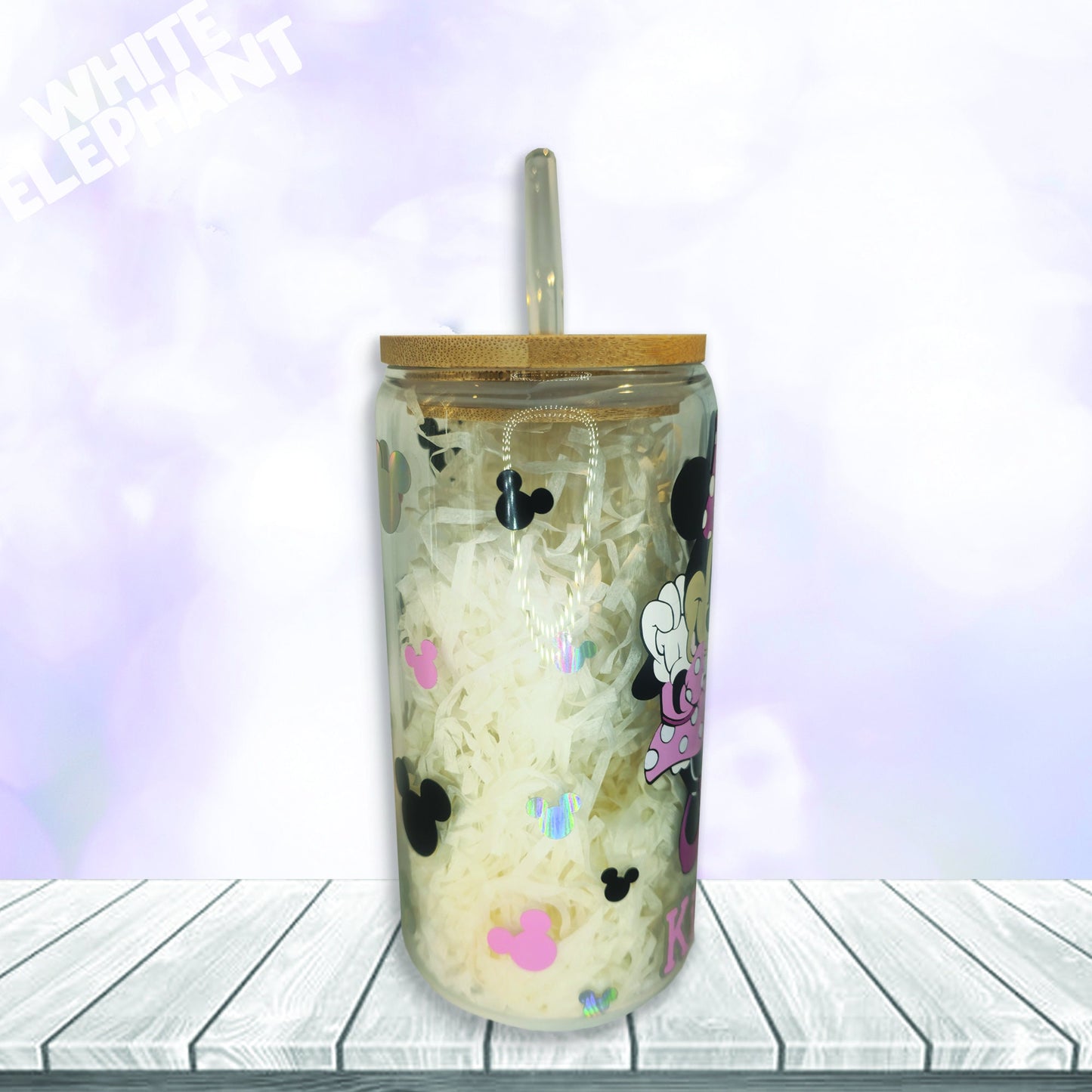 Personalised Disney Minnie Mouse Inspired 16oz Reusable Glass Cup, Bamboo Lid & Glass Straw