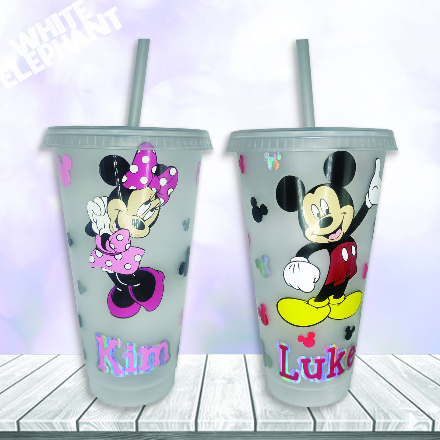 Personalised Disney Minnie and Mickey Mouse Inspired 24oz Reusable Plastic Tumbler Cup & Straw Set