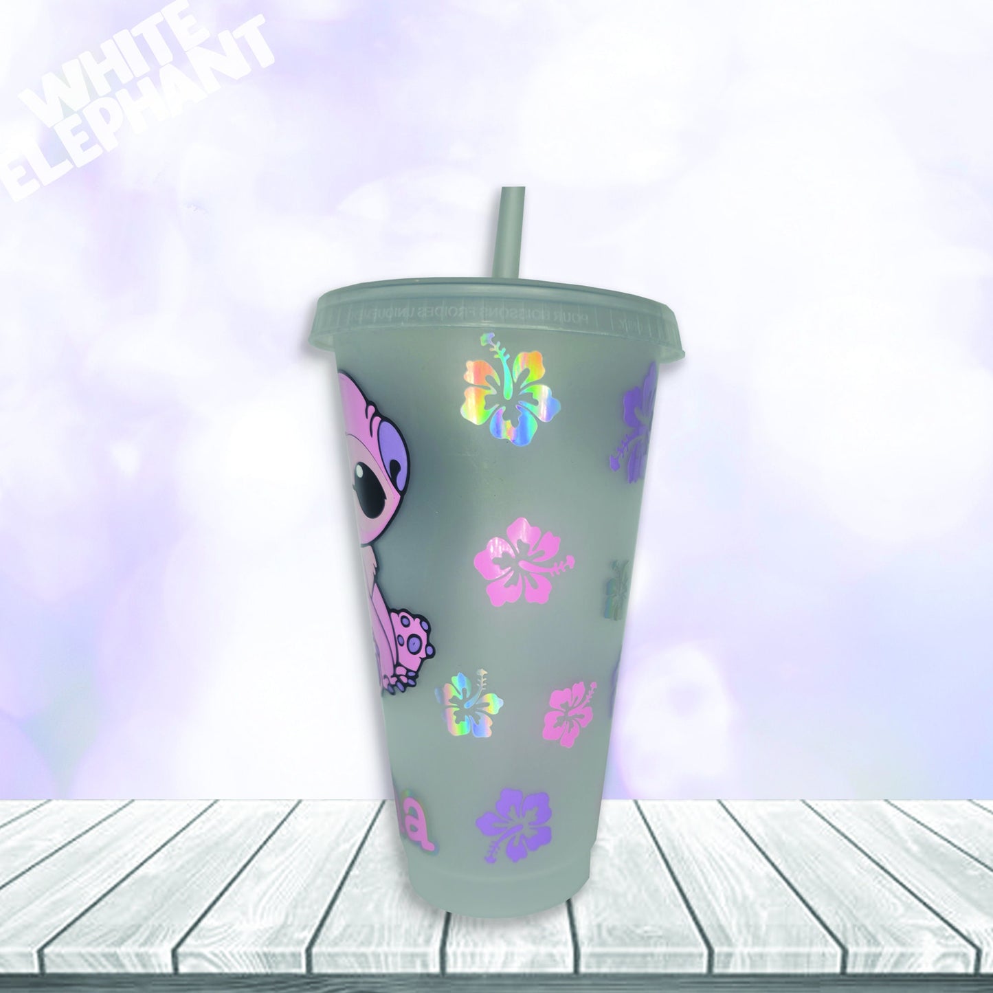 Personalised Disney Stitch and Angel Inspired 24oz Reusable Plastic Tumbler Cup & Straw Set