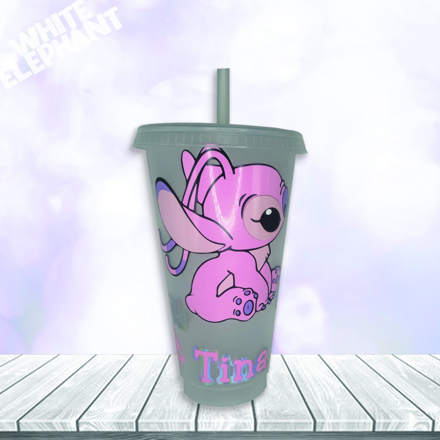 Personalised Disney Stitch and Angel Inspired 24oz Reusable Plastic Tumbler Cup & Straw Set