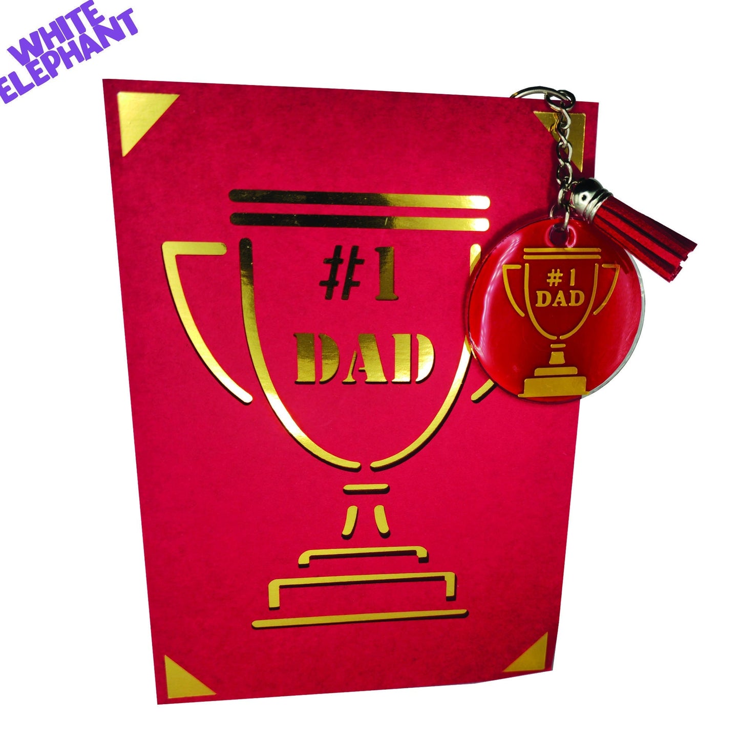 Number 1 Dad Trophy Handmade Gold Mirror Card & Vinyl Resin Keyring Father's Day